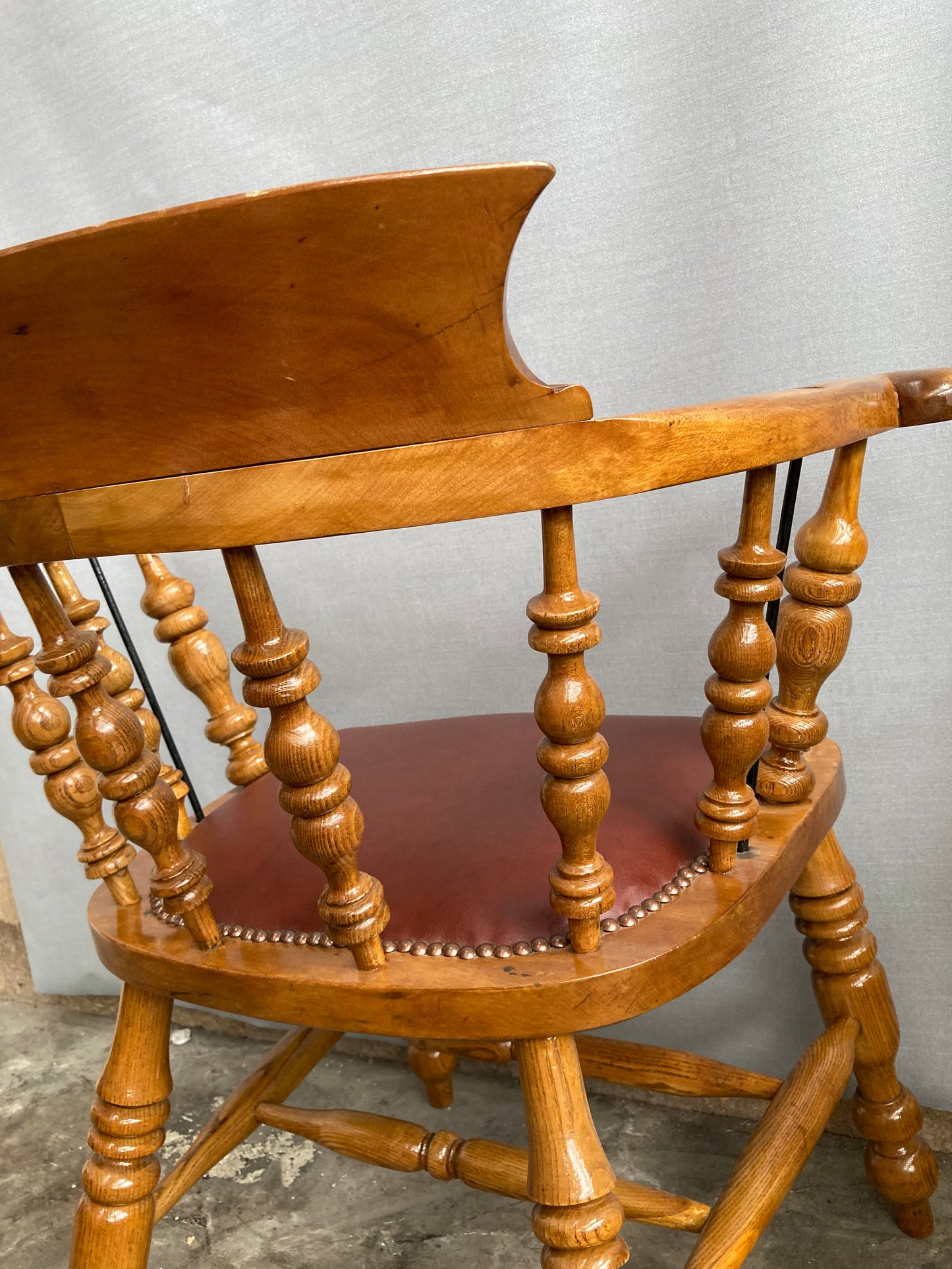 Victorian Oak Captain's Chair with Leather Seat and Brass Stud Detail