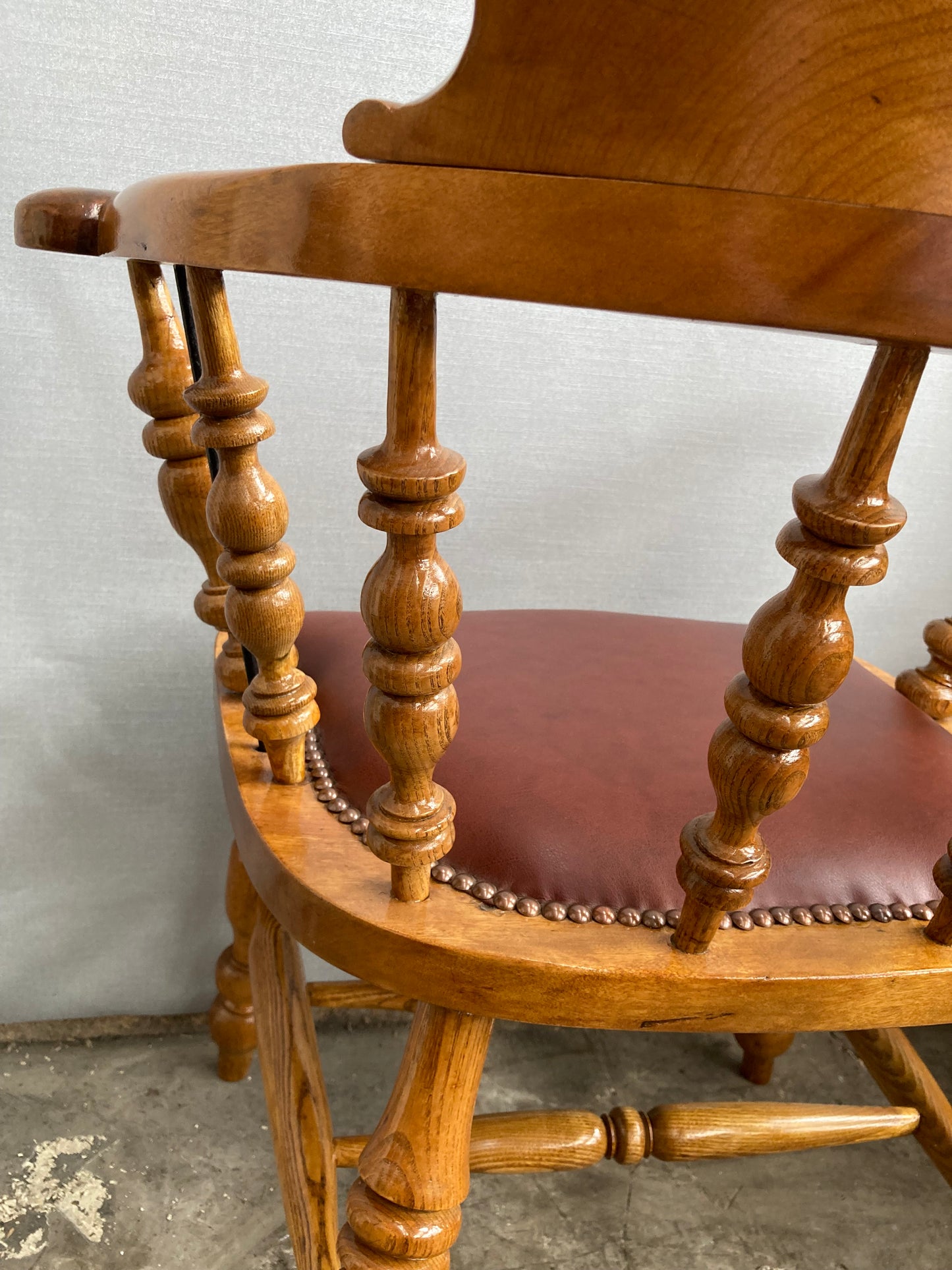 Victorian Oak Captain's Chair with Leather Seat and Brass Stud Detail