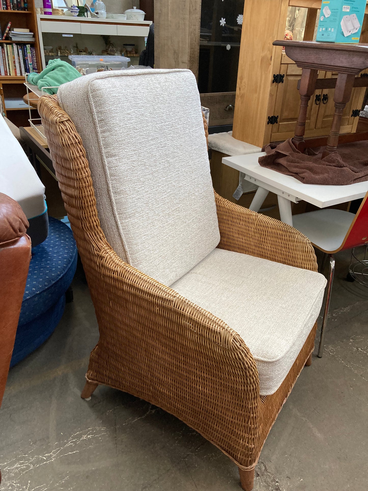 Large High-Back Wicker Armchair with Linen Cushions
