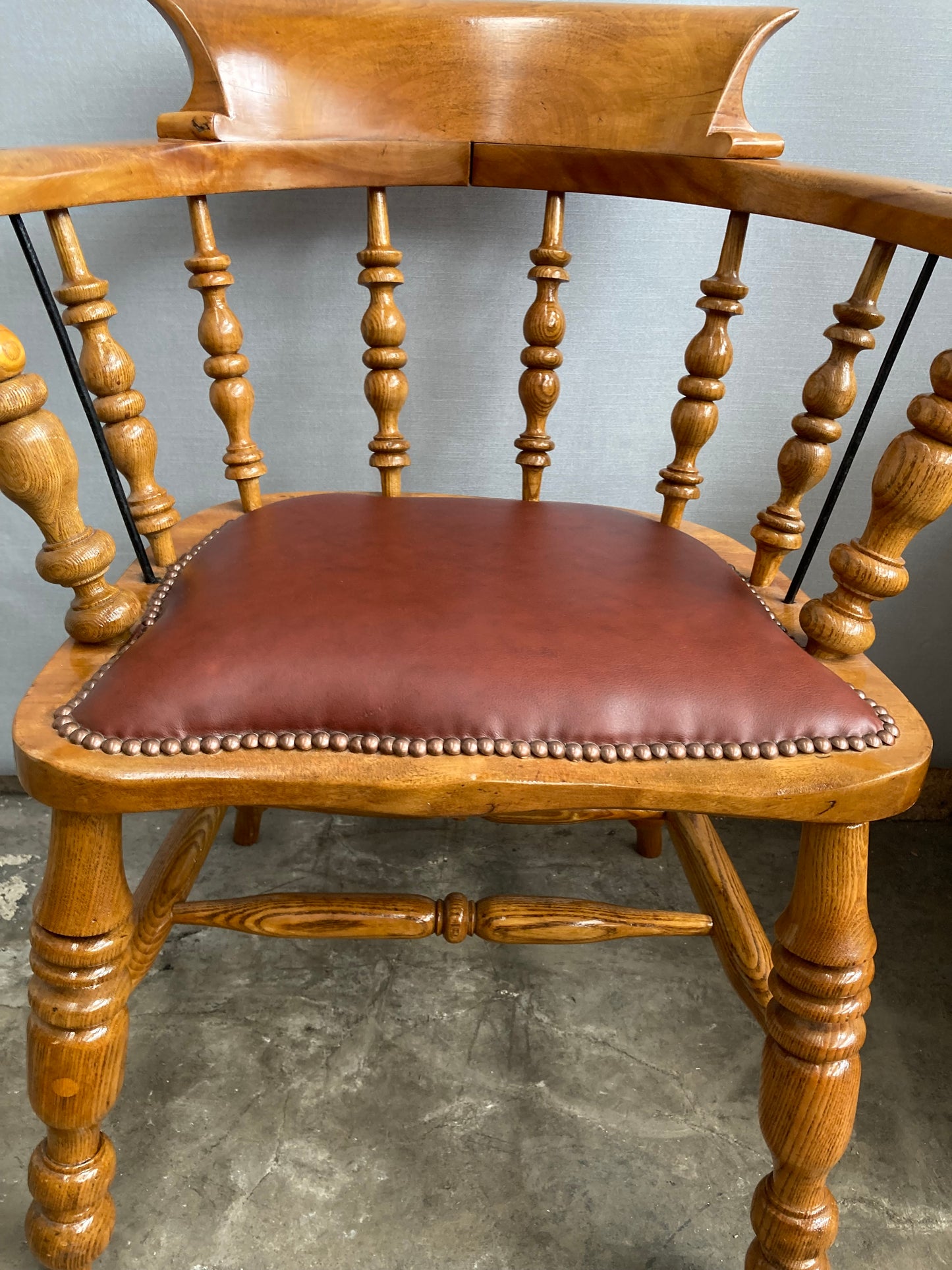 Victorian Oak Captain's Chair with Leather Seat and Brass Stud Detail