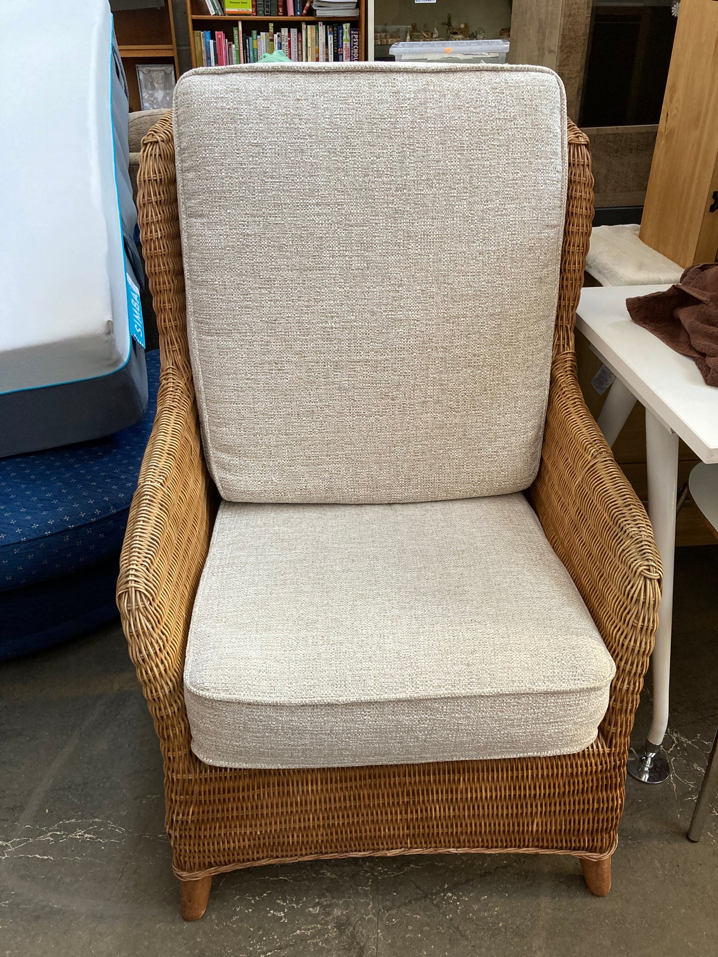 Large High-Back Wicker Armchair with Linen Cushions