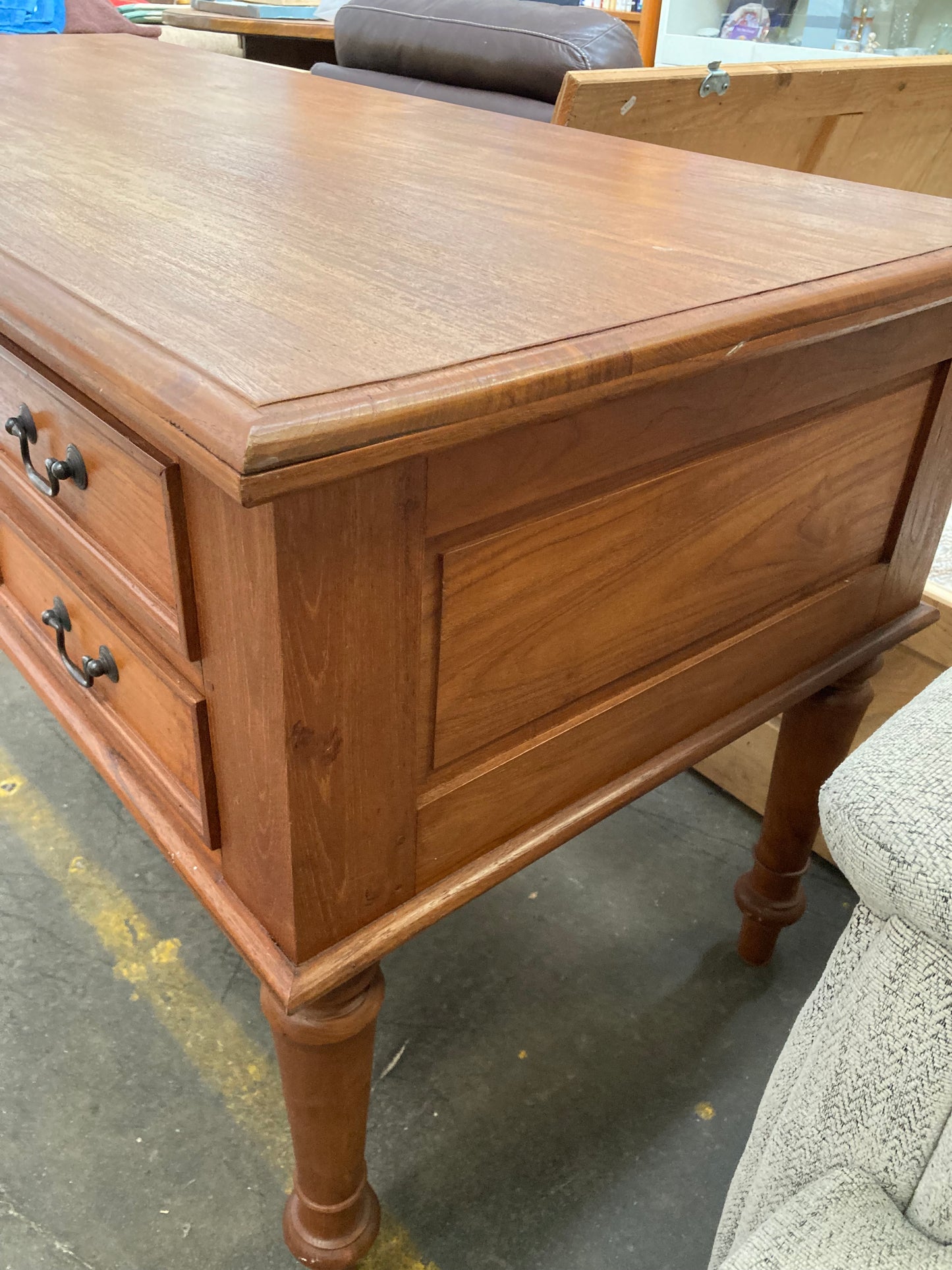 Large Solid Hardwood Executive Desk – Five Drawers, Turned Legs, Panelled Sides