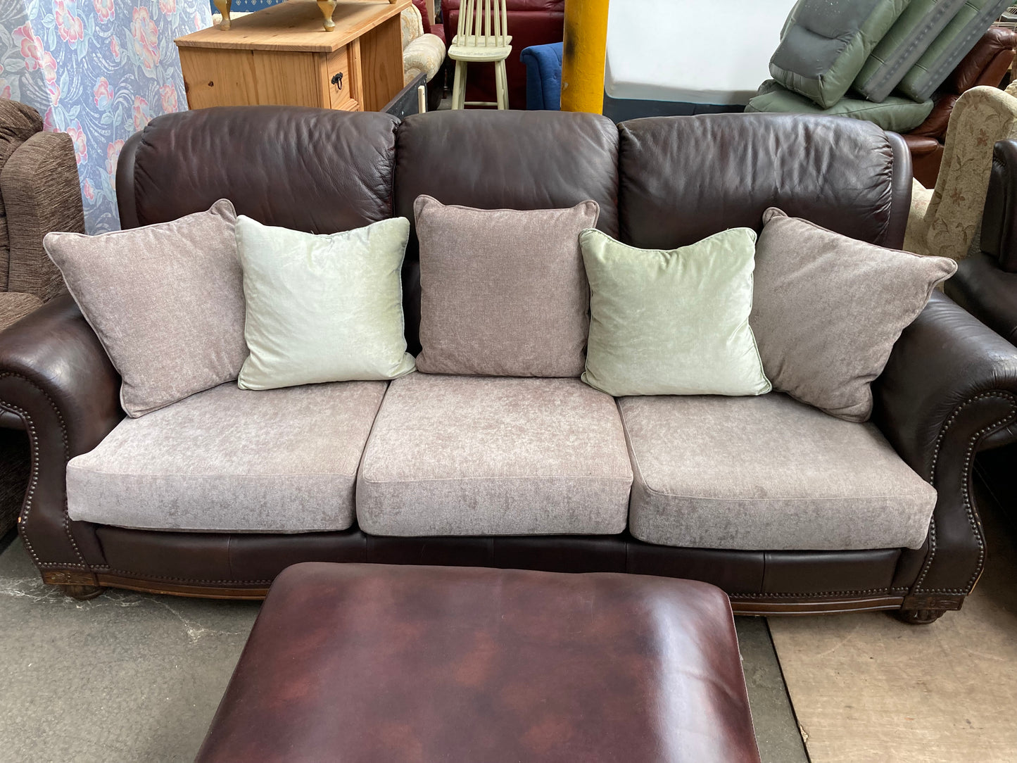 Brown Leather & Fabric Three-Piece Suite | Studded Arms | Carved Feet | 3+2+Footstool