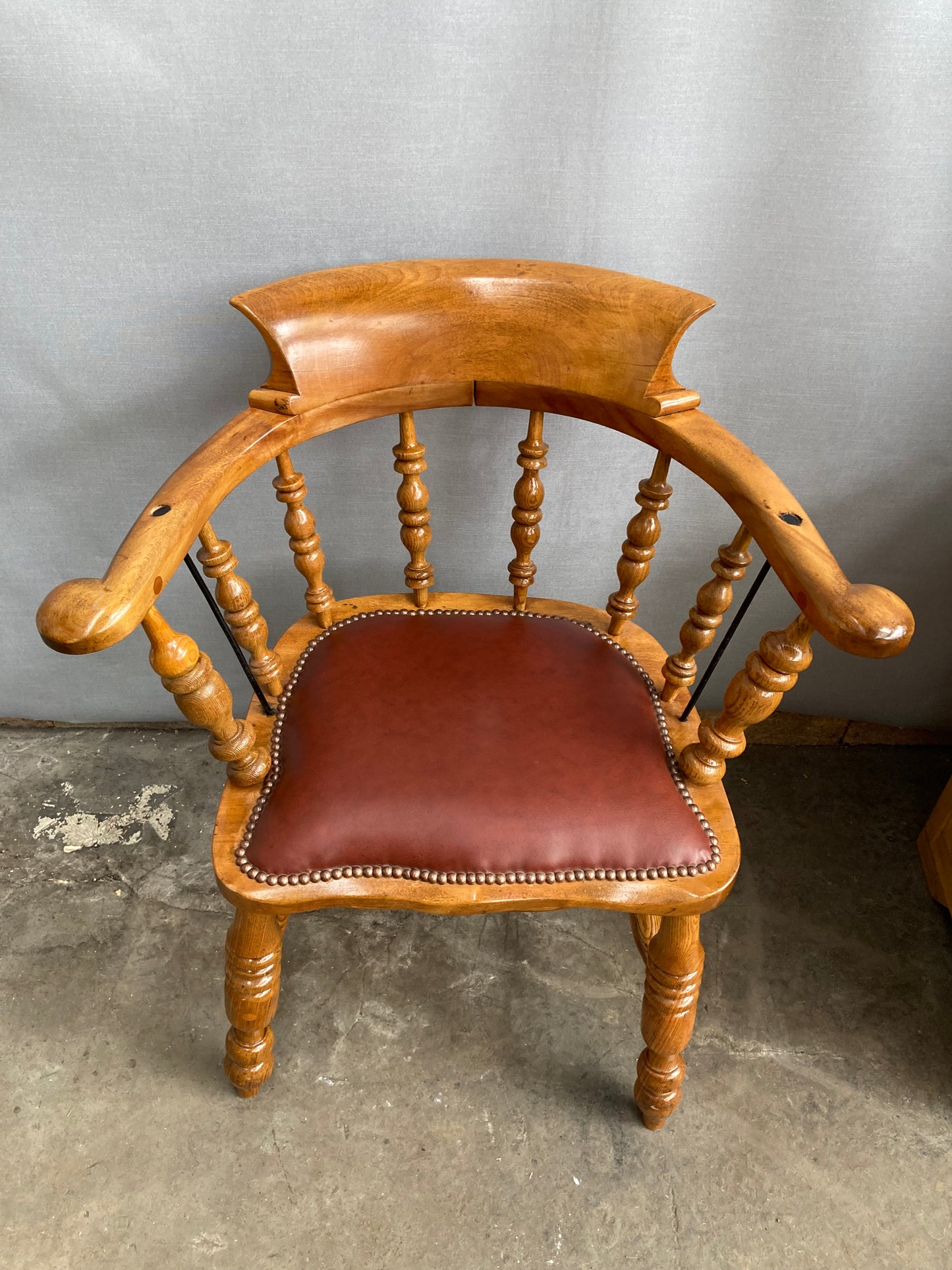 Victorian Oak Captain's Chair with Leather Seat and Brass Stud Detail