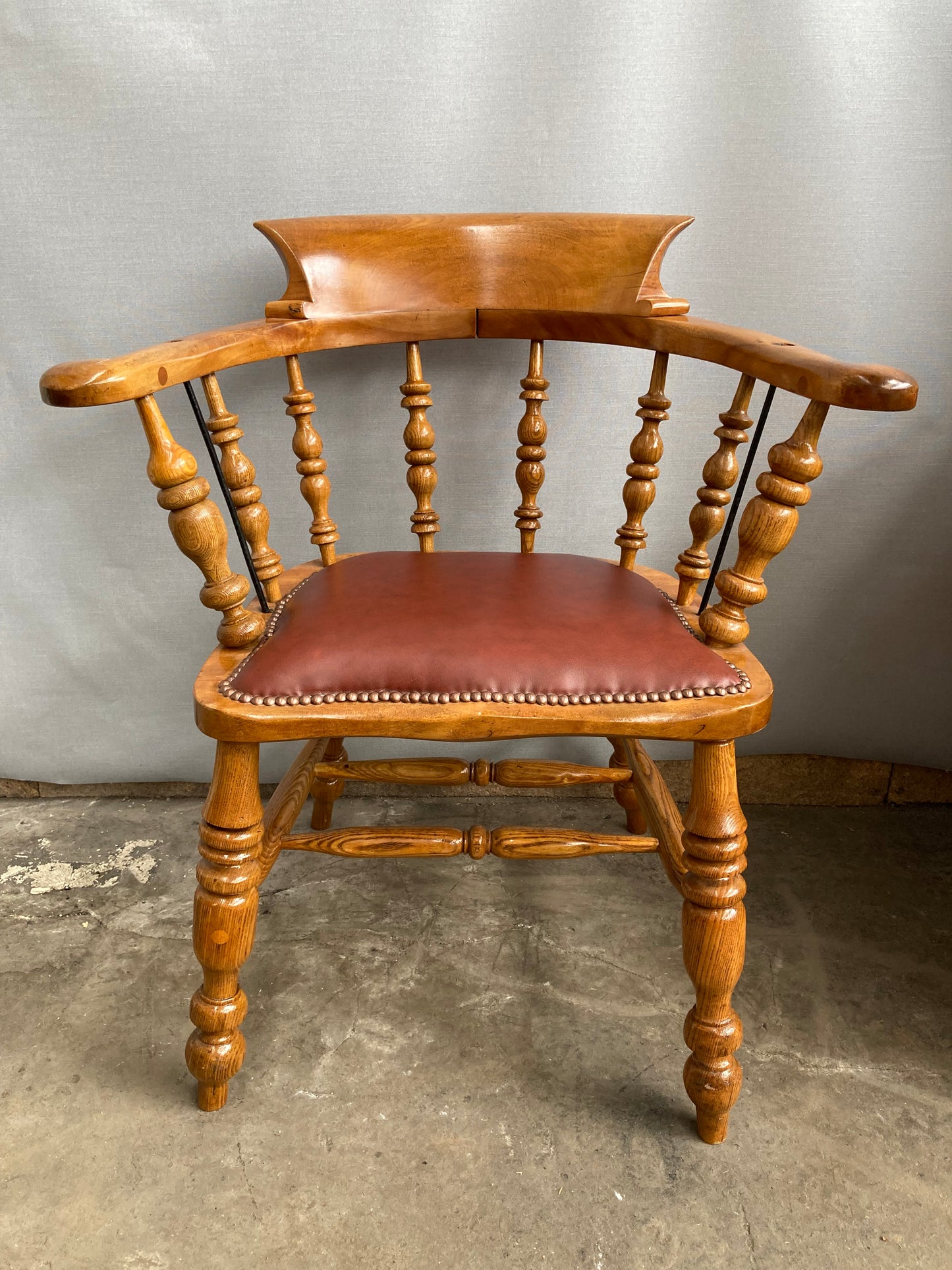 Victorian Oak Captain's Chair with Leather Seat and Brass Stud Detail