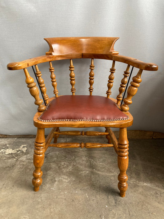 Victorian Oak Captain's Chair with Leather Seat and Brass Stud Detail