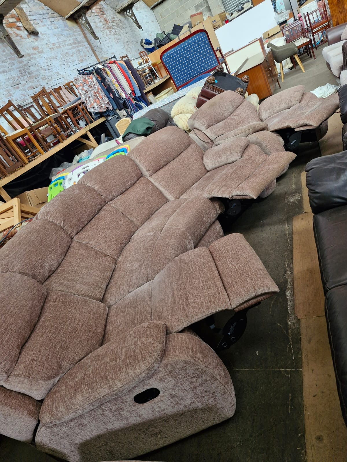Large Curved Manual Recliner Sofa Suite | Electric Recliner Armchair & Storage Ottoman | Champagne Chenille