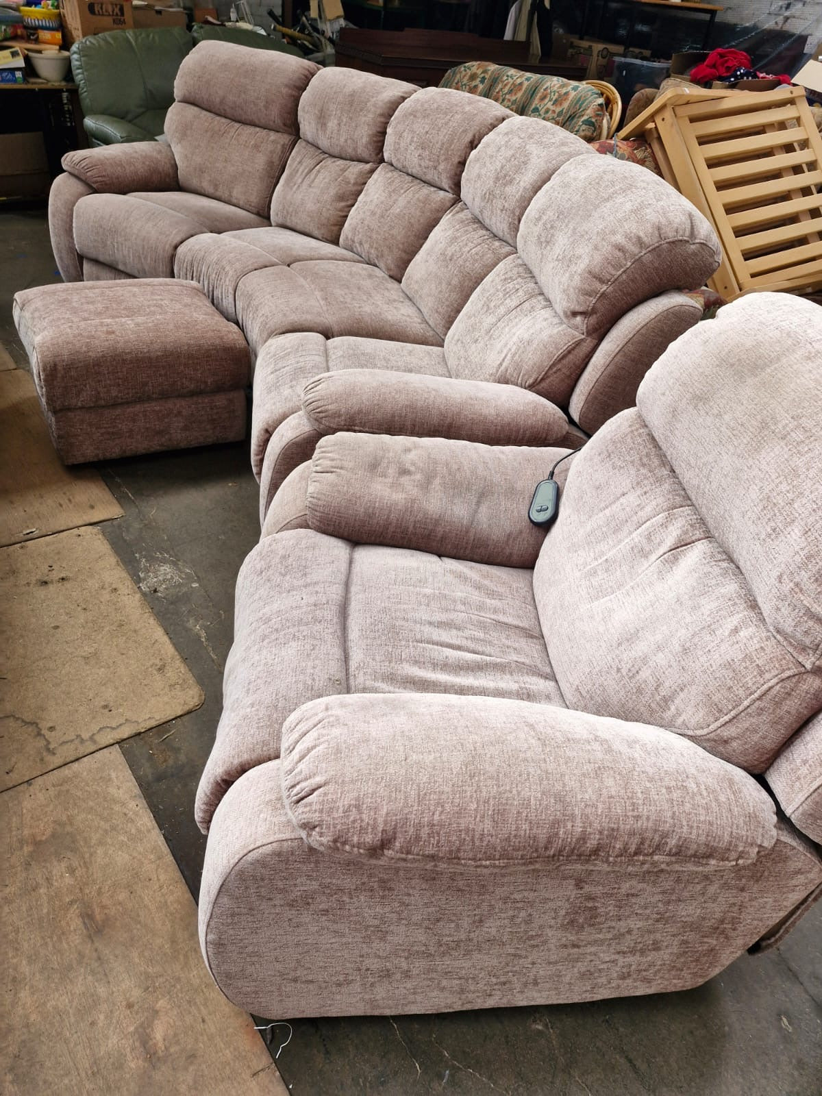 Large Curved Manual Recliner Sofa Suite | Electric Recliner Armchair & Storage Ottoman | Champagne Chenille