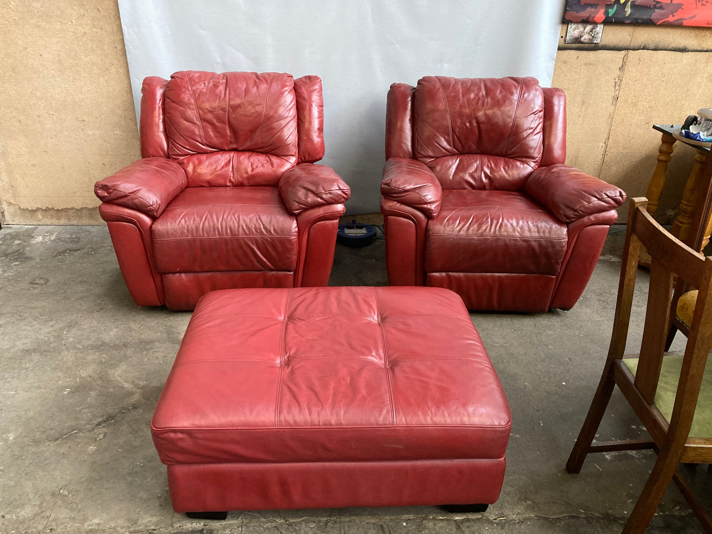 Pair of Red Leather Electric Recliner Armchairs with Matching Ottoman Footstool