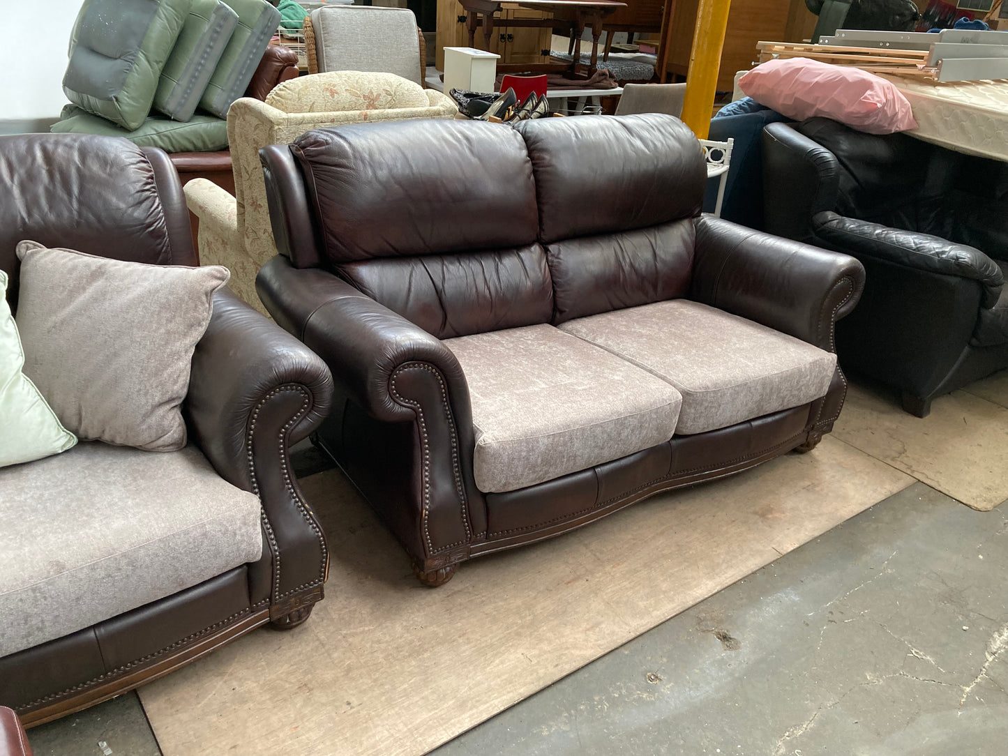 Brown Leather & Fabric Three-Piece Suite | Studded Arms | Carved Feet | 3+2+Footstool