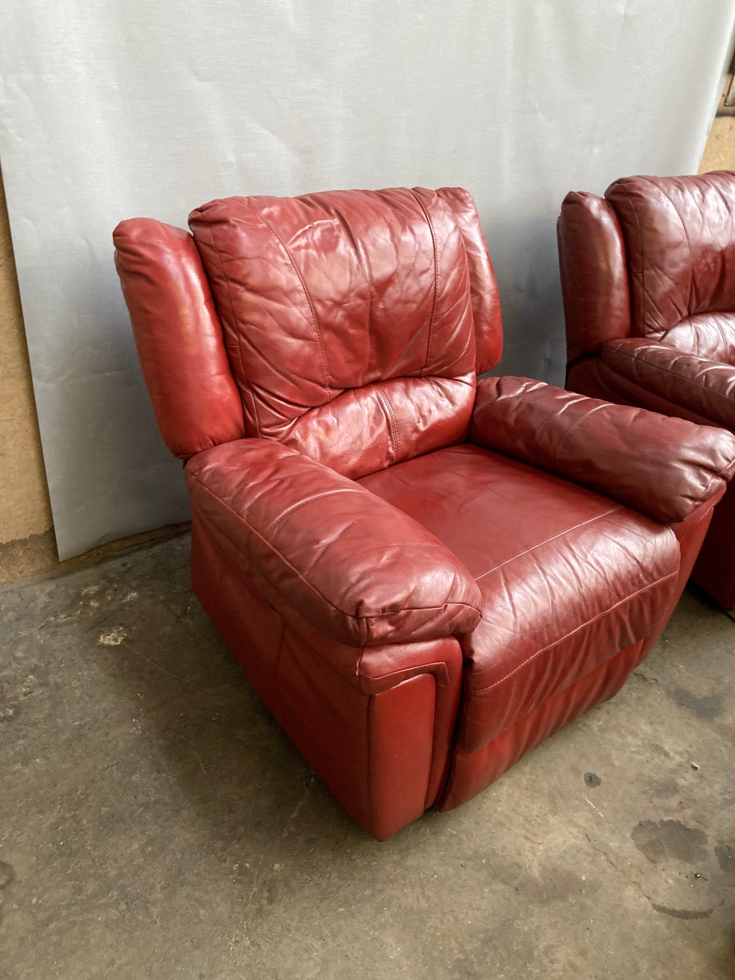Pair of Red Leather Electric Recliner Armchairs with Matching Ottoman Footstool
