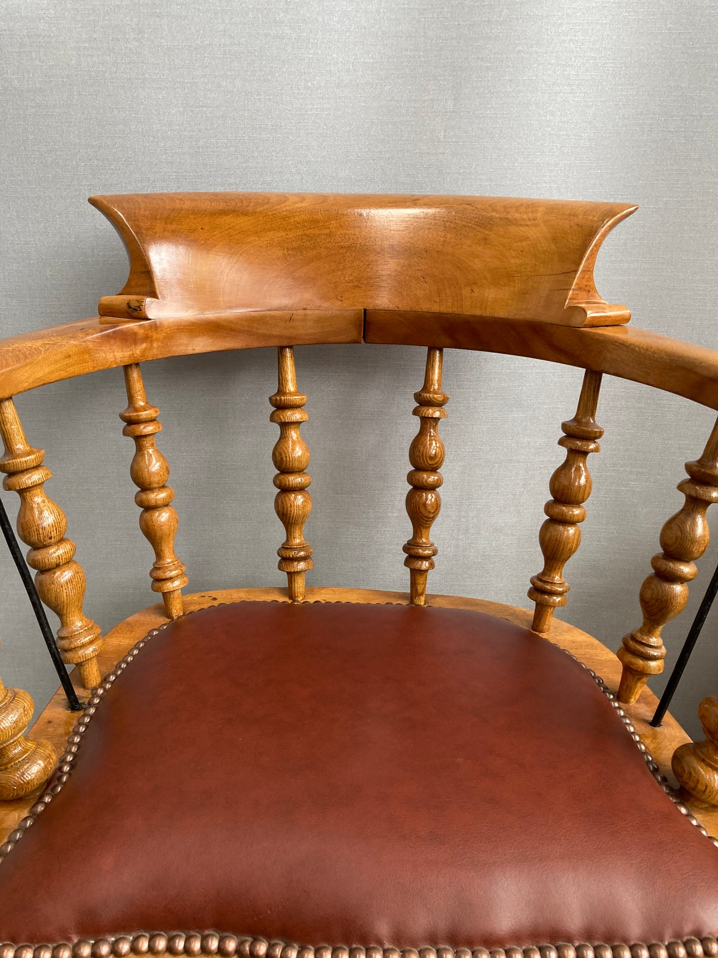 Victorian Oak Captain's Chair with Leather Seat and Brass Stud Detail