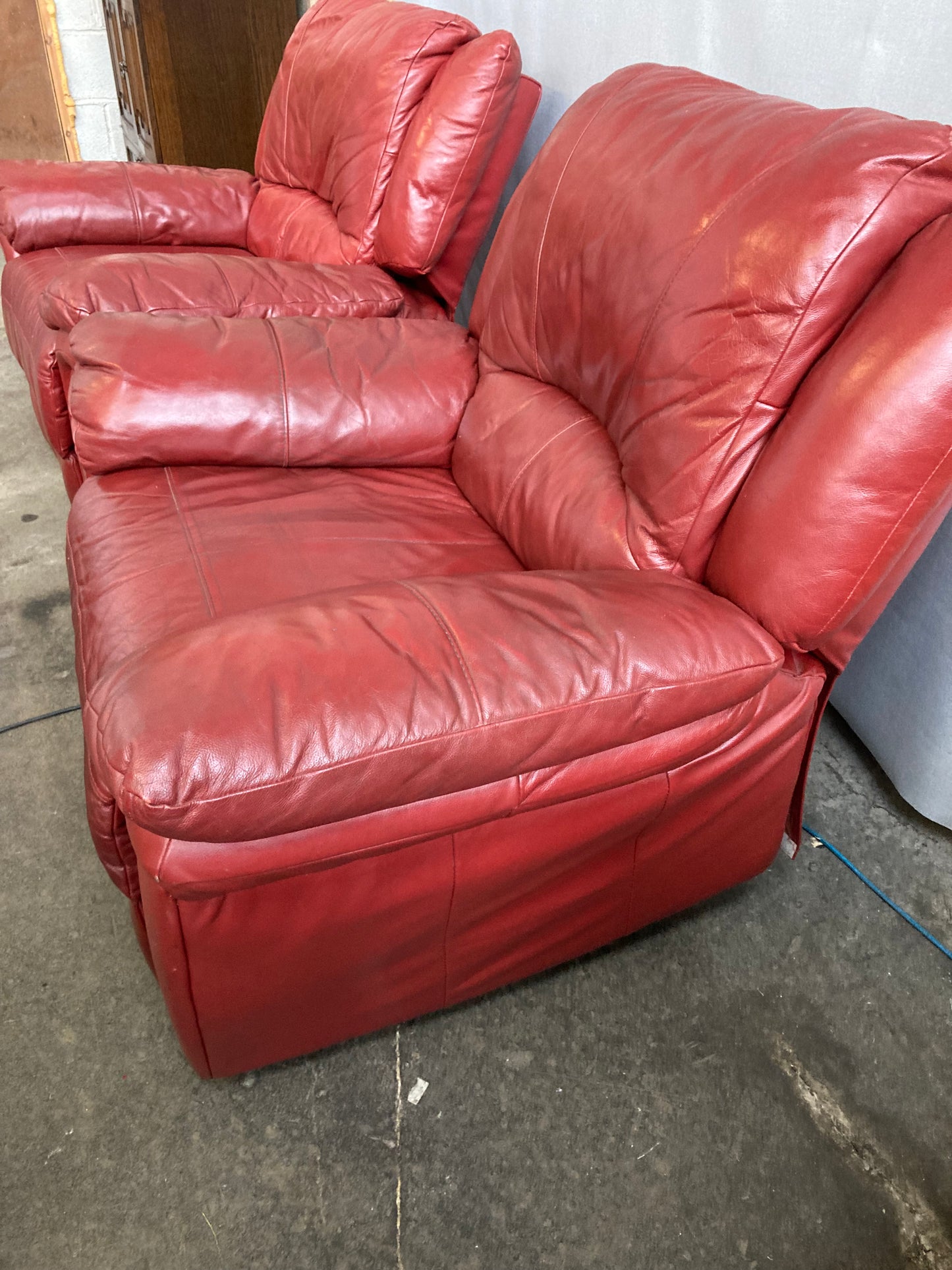 Pair of Red Leather Electric Recliner Armchairs with Matching Ottoman Footstool