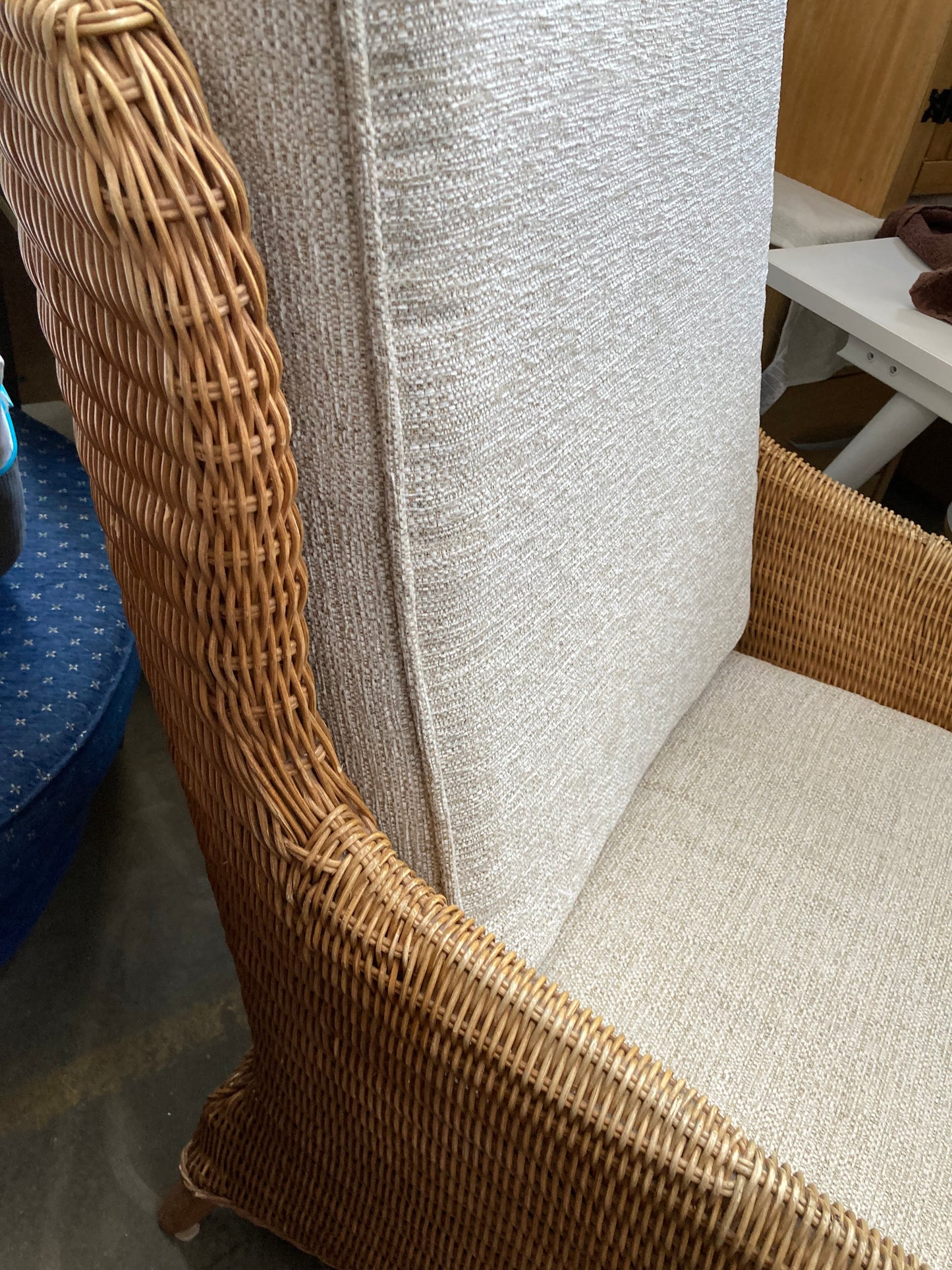 Large High-Back Wicker Armchair with Linen Cushions