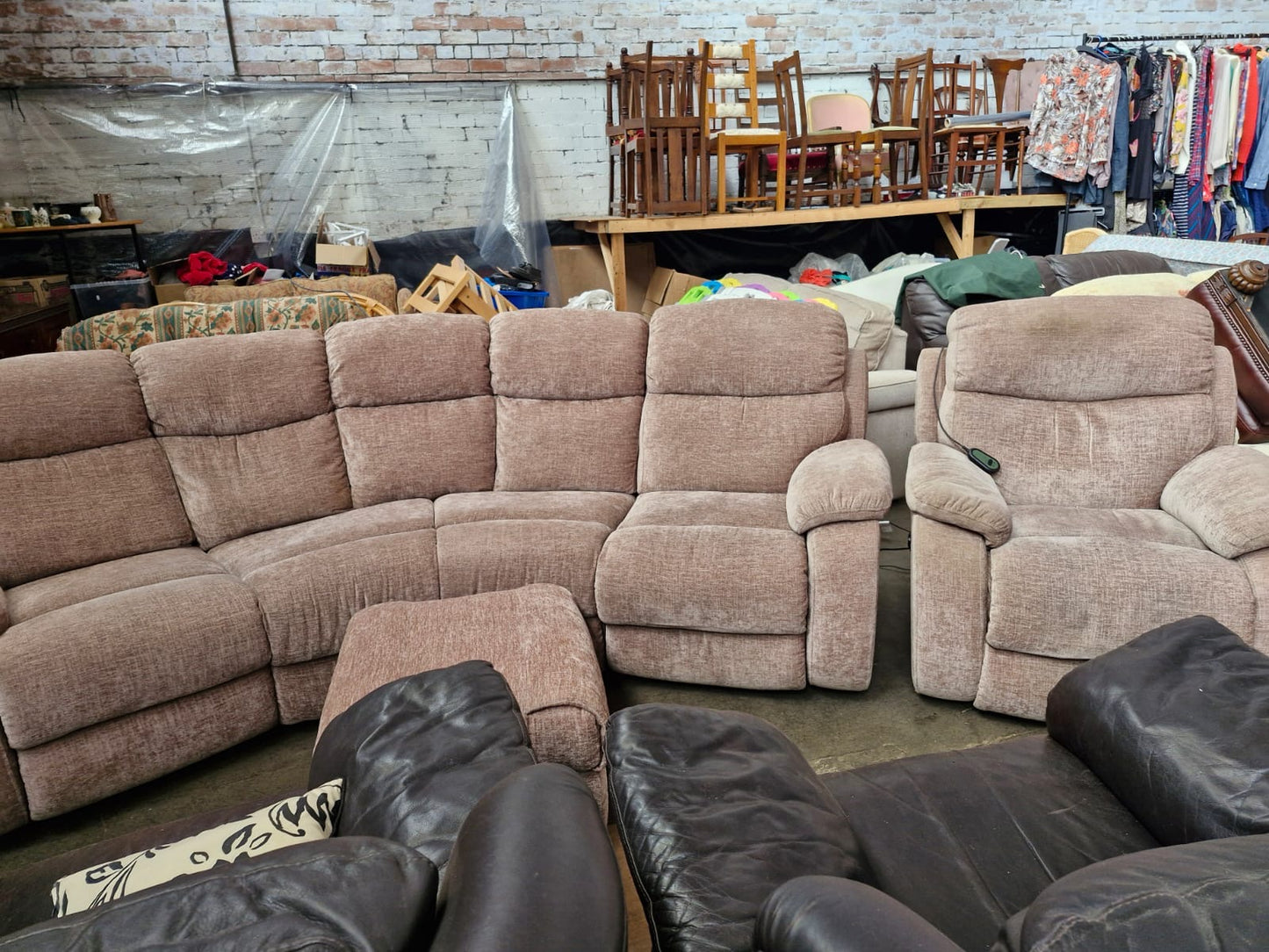 Large Curved Manual Recliner Sofa Suite | Electric Recliner Armchair & Storage Ottoman | Champagne Chenille