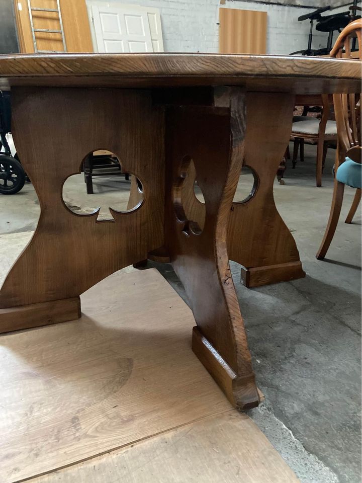 large vintage solid wood card table with carved club design - man cave - dining table