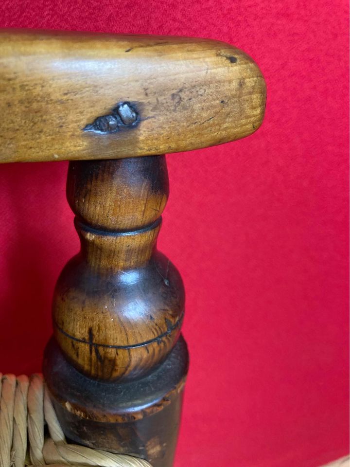 Antique Georgian Period Elm Ladderback Fireside Armchair with Rush Seat, c.1800.