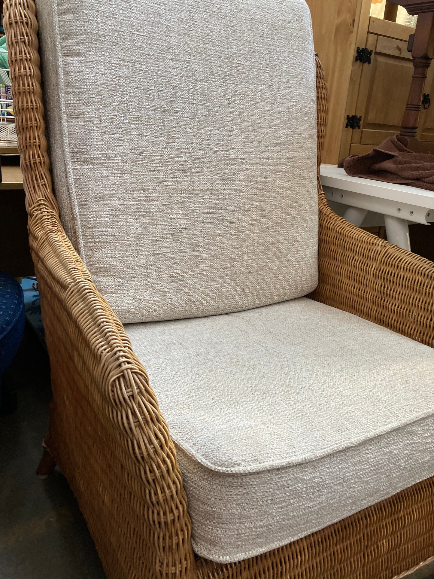 Large High-Back Wicker Armchair with Linen Cushions