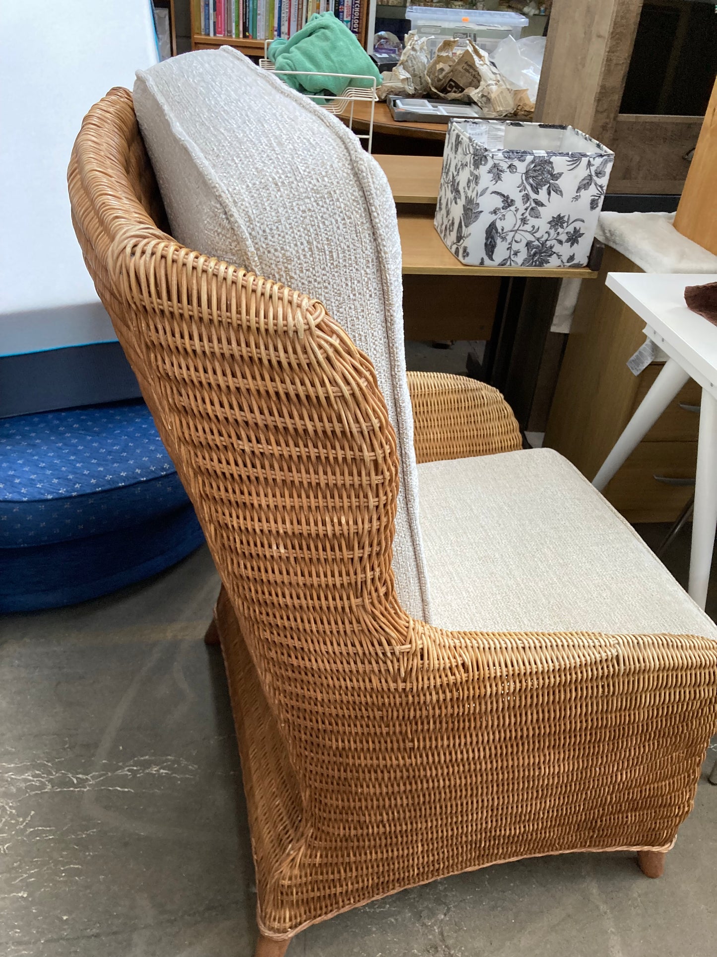 Large High-Back Wicker Armchair with Linen Cushions