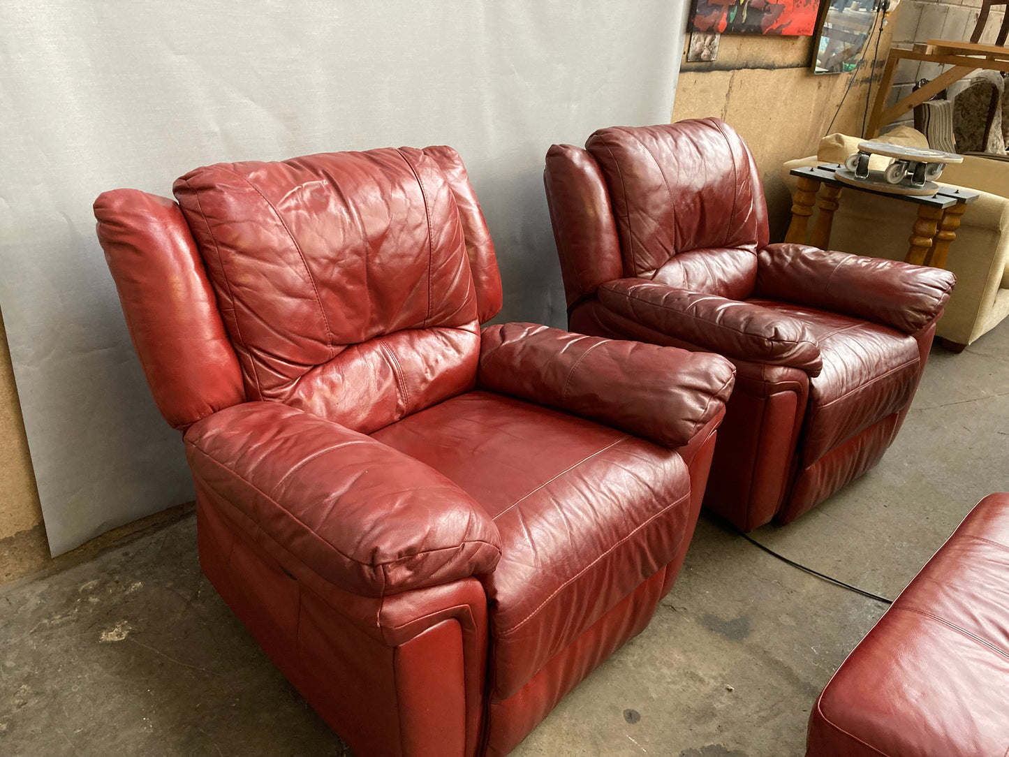 Pair of Red Leather Electric Recliner Armchairs with Matching Ottoman Footstool