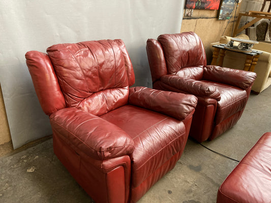Red leather matching electric recliner armchairs and large matching ottoman footstool