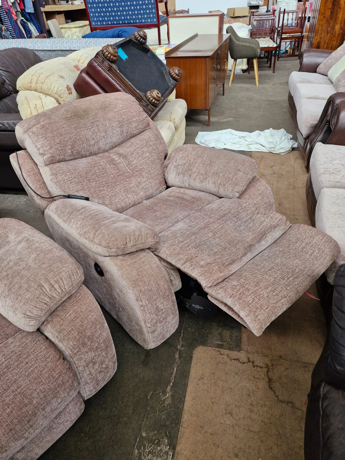 Large Curved Manual Recliner Sofa Suite | Electric Recliner Armchair & Storage Ottoman | Champagne Chenille