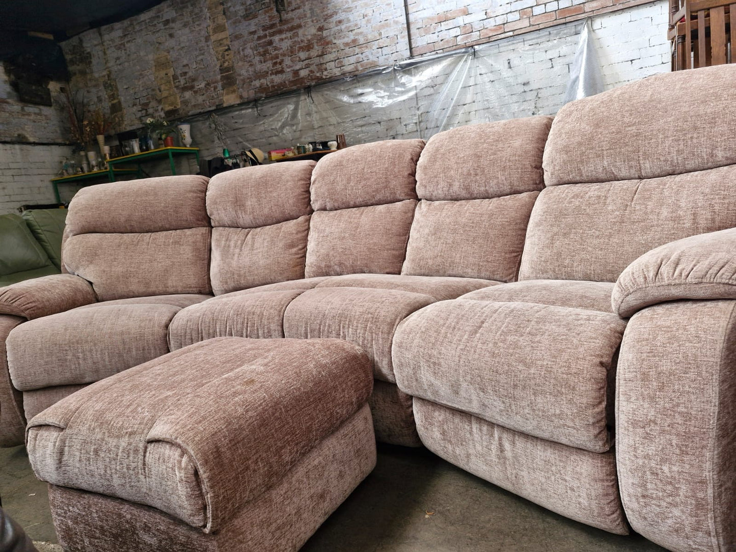 Large Curved Manual Recliner Sofa Suite | Electric Recliner Armchair & Storage Ottoman | Champagne Chenille