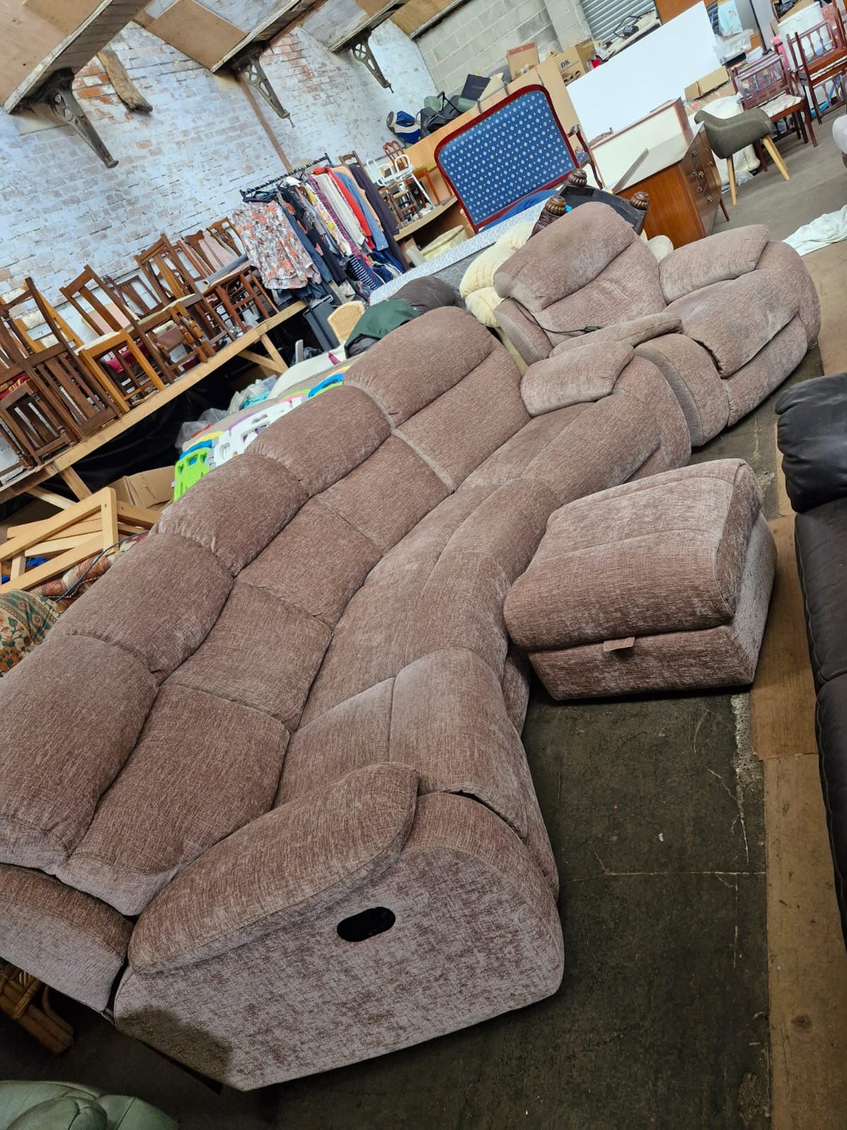 Large Curved Manual Recliner Sofa Suite | Electric Recliner Armchair & Storage Ottoman | Champagne Chenille