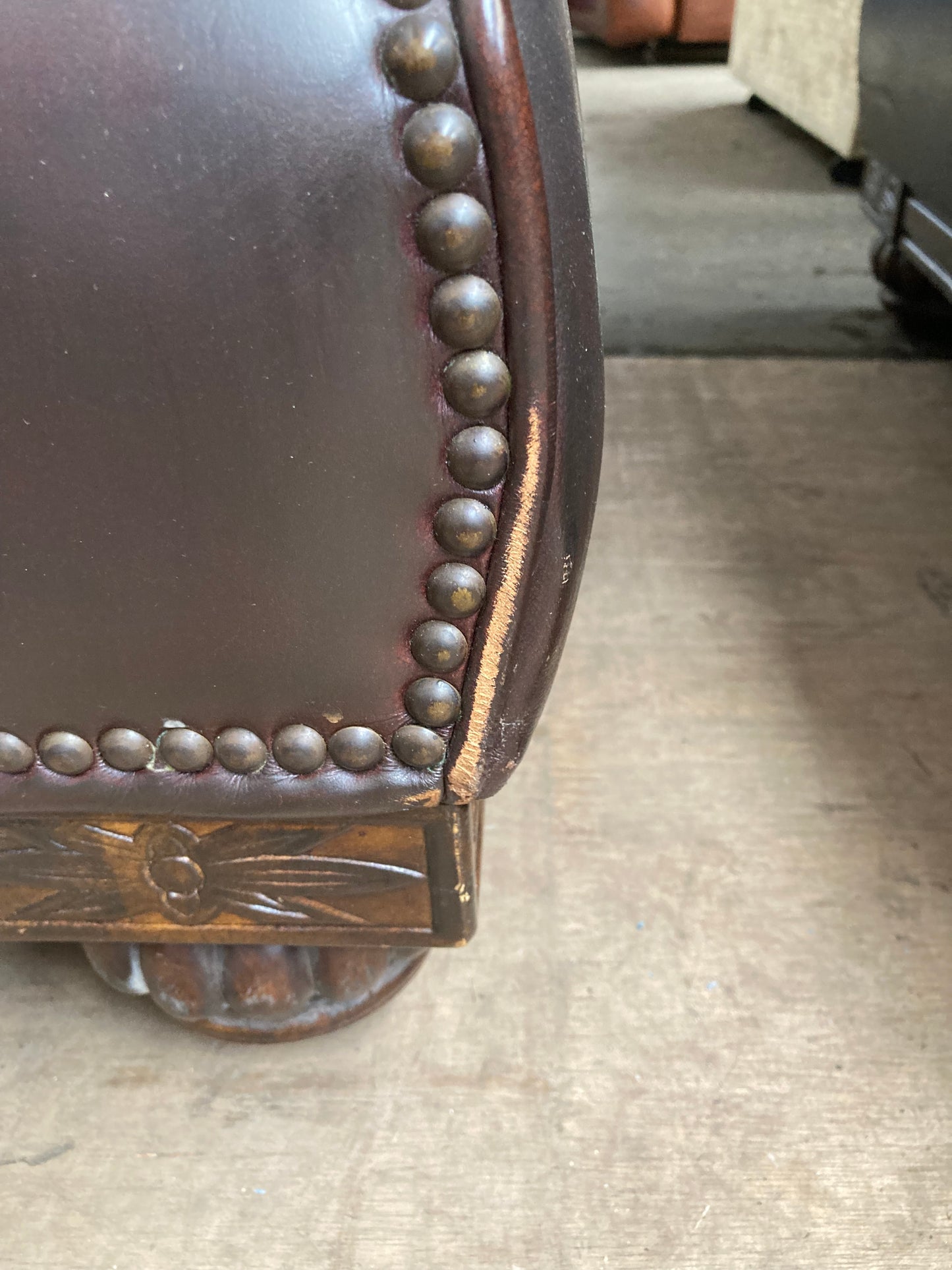 Brown Leather & Fabric Three-Piece Suite | Studded Arms | Carved Feet | 3+2+Footstool