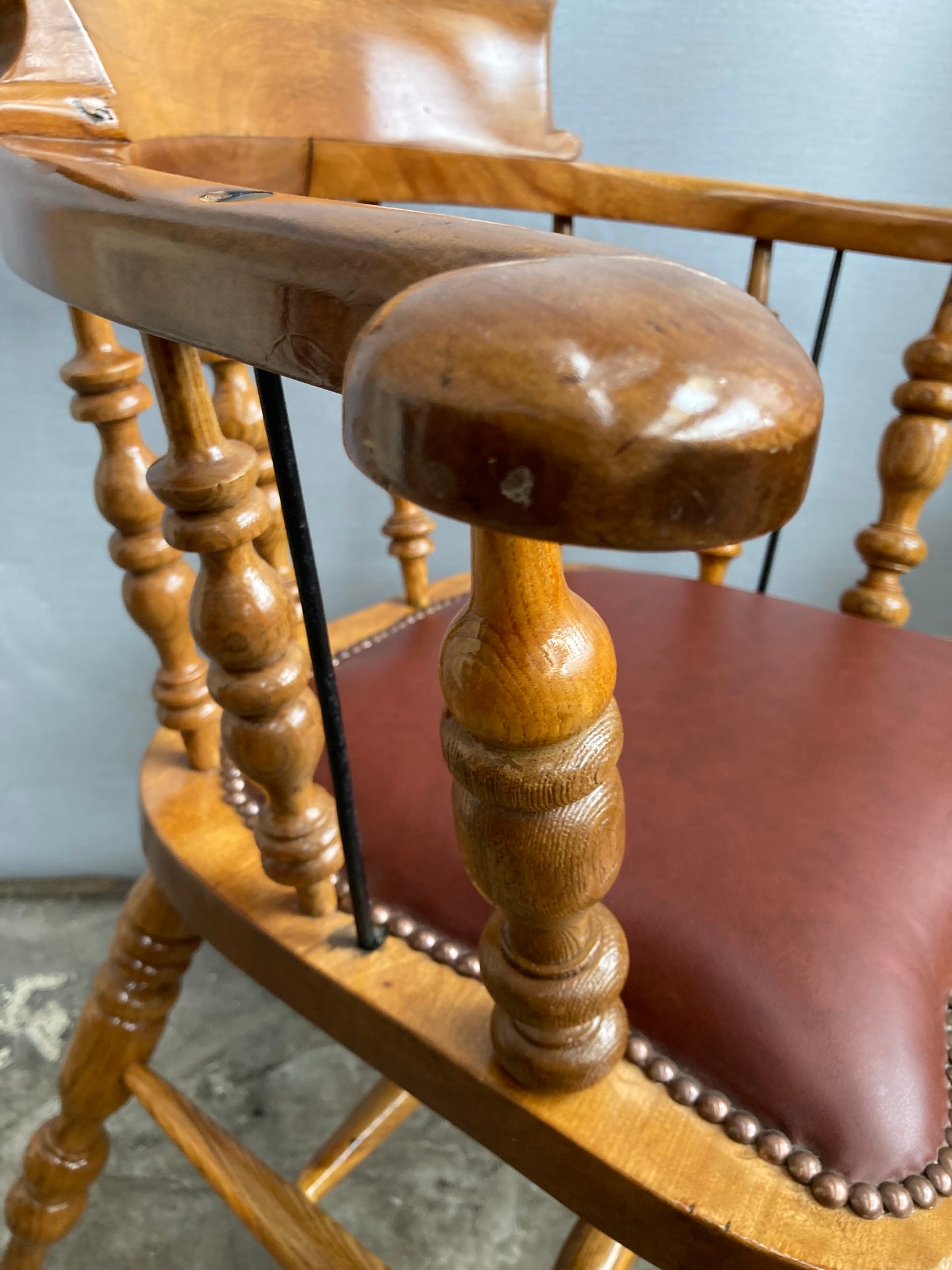 Victorian Oak Captain's Chair with Leather Seat and Brass Stud Detail