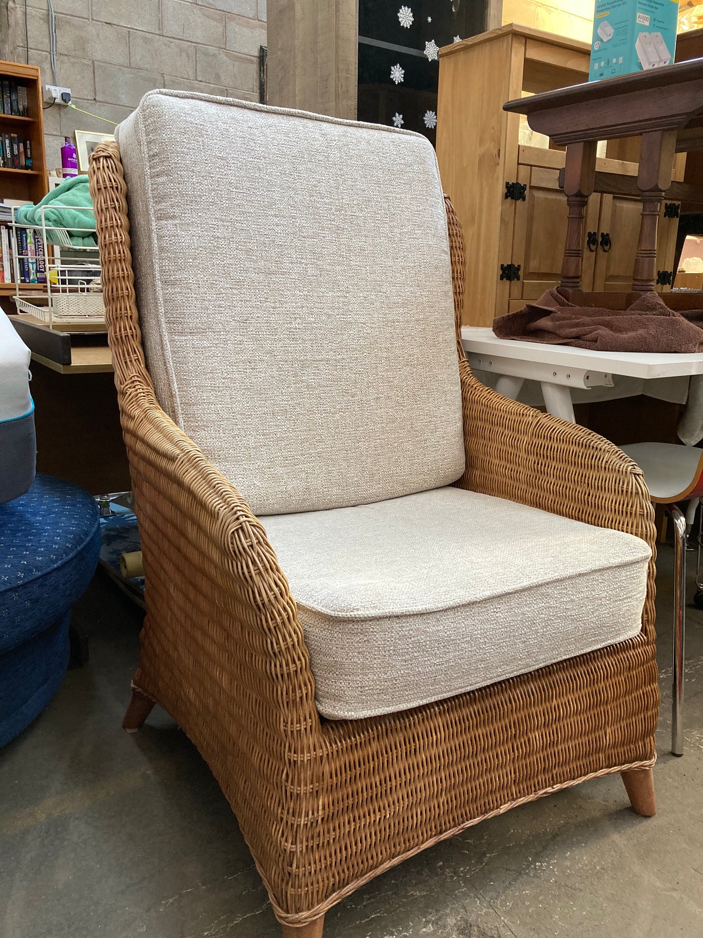 Large High-Back Wicker Armchair with Linen Cushions