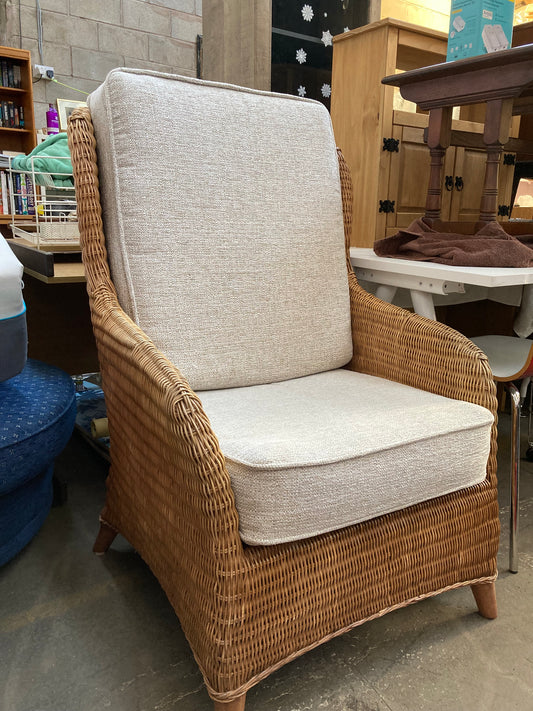 Large High-Back Wicker Armchair with Linen Cushions