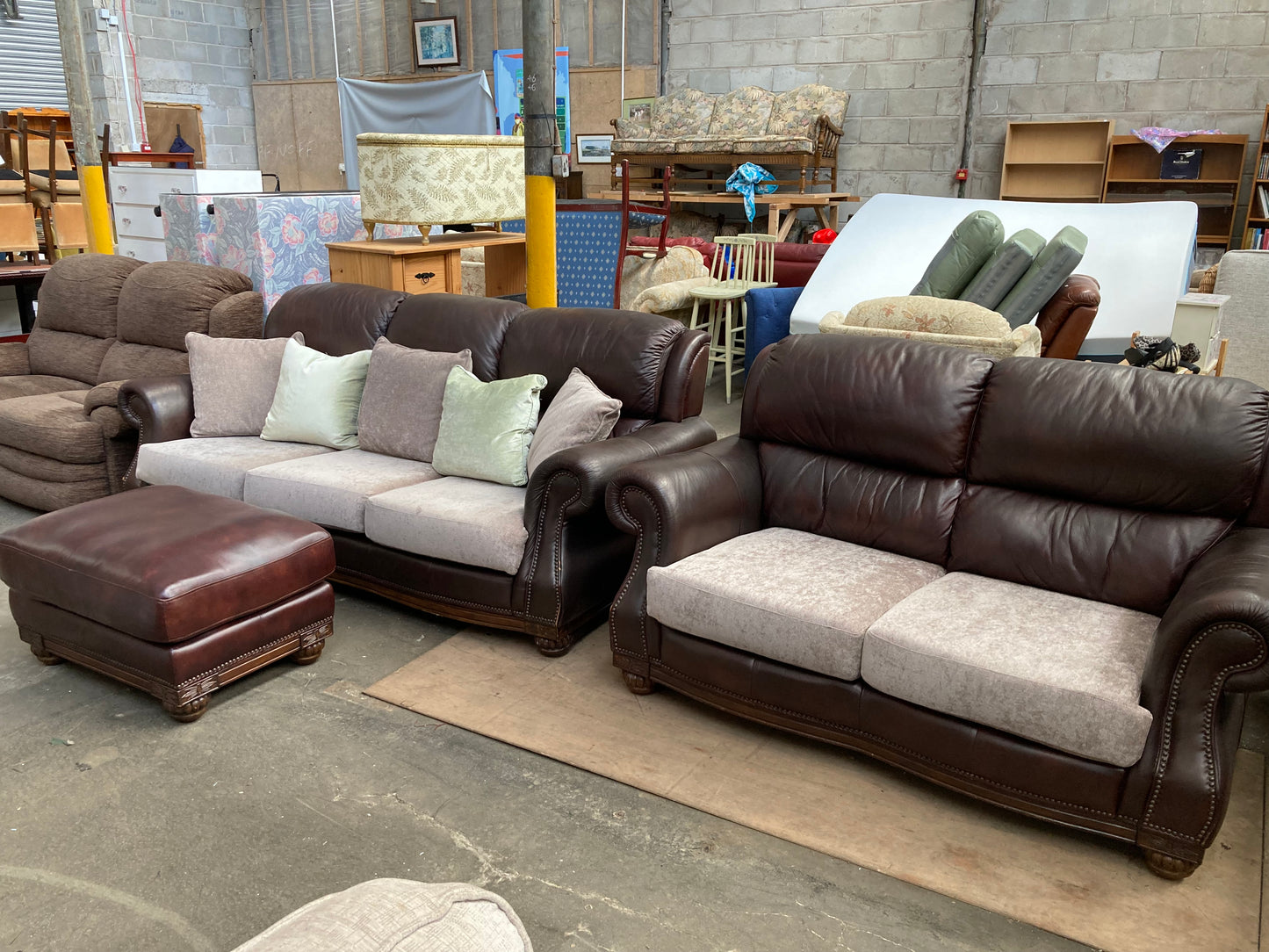 Brown Leather & Fabric Three-Piece Suite | Studded Arms | Carved Feet | 3+2+Footstool