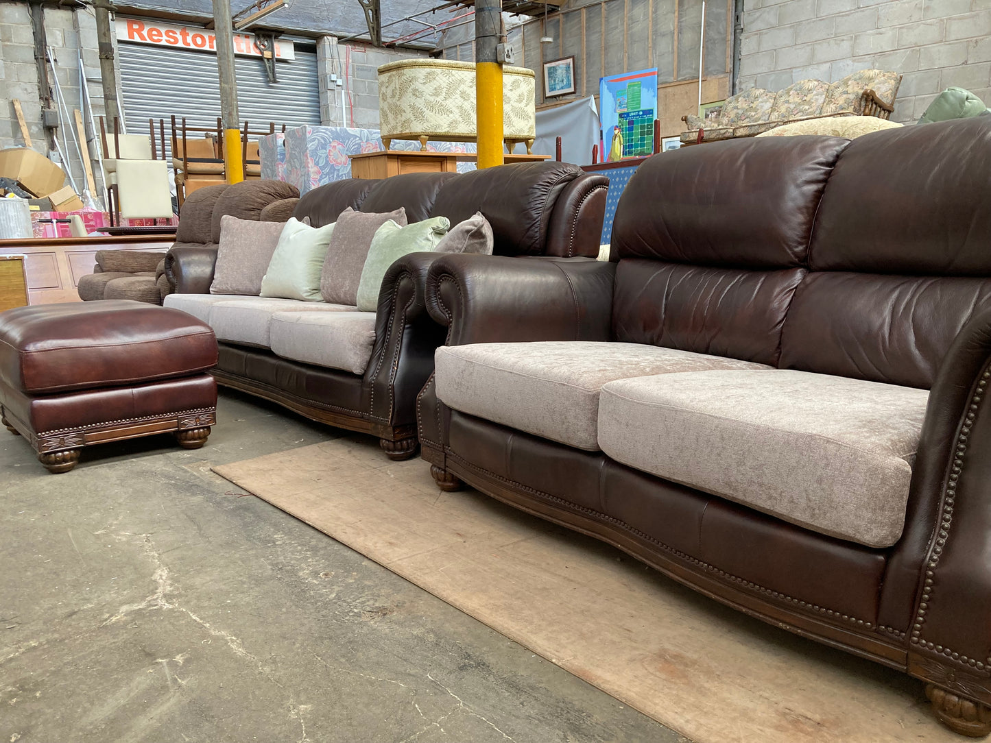 Brown Leather & Fabric Three-Piece Suite | Studded Arms | Carved Feet | 3+2+Footstool