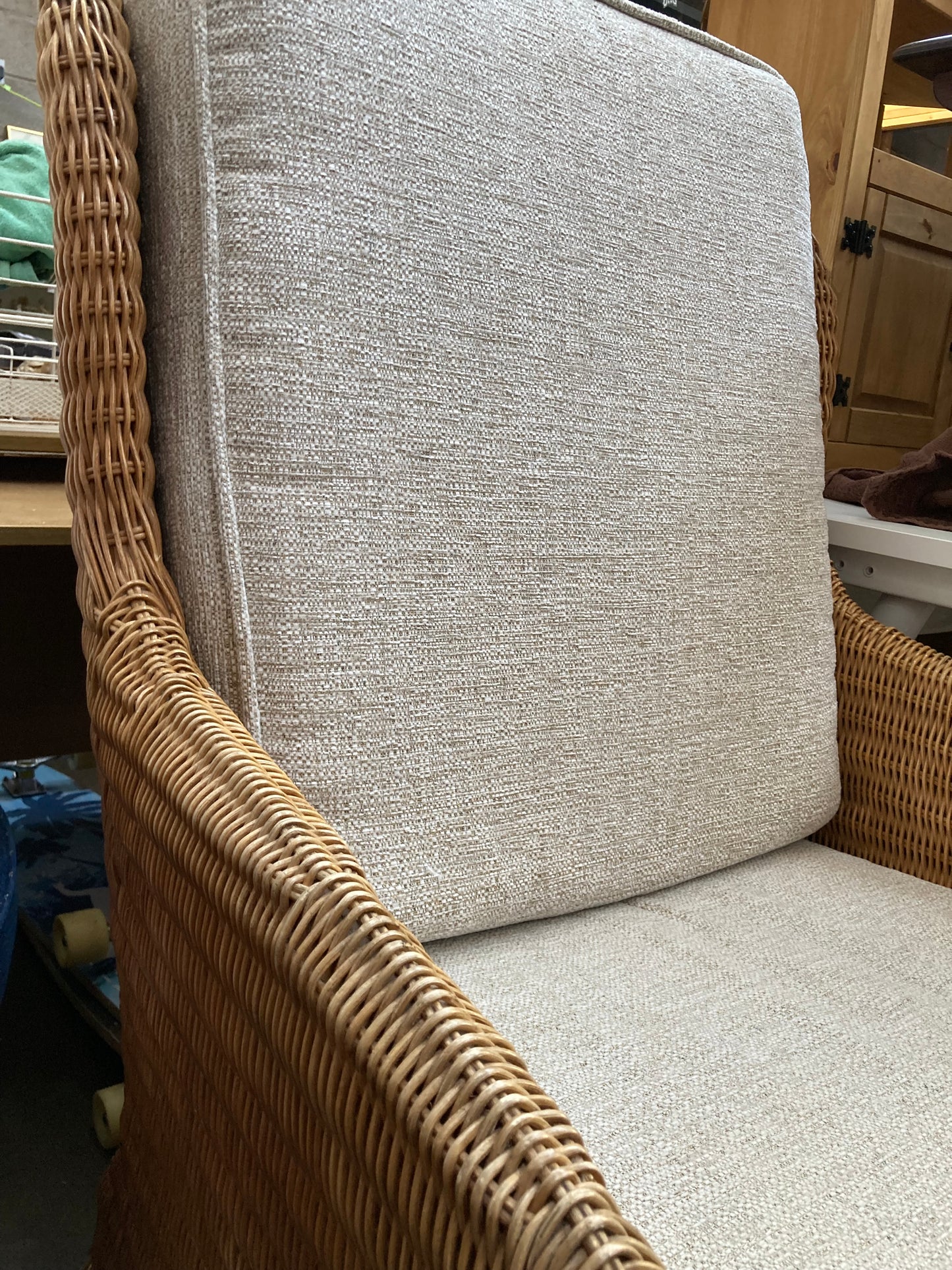 Large High-Back Wicker Armchair with Linen Cushions