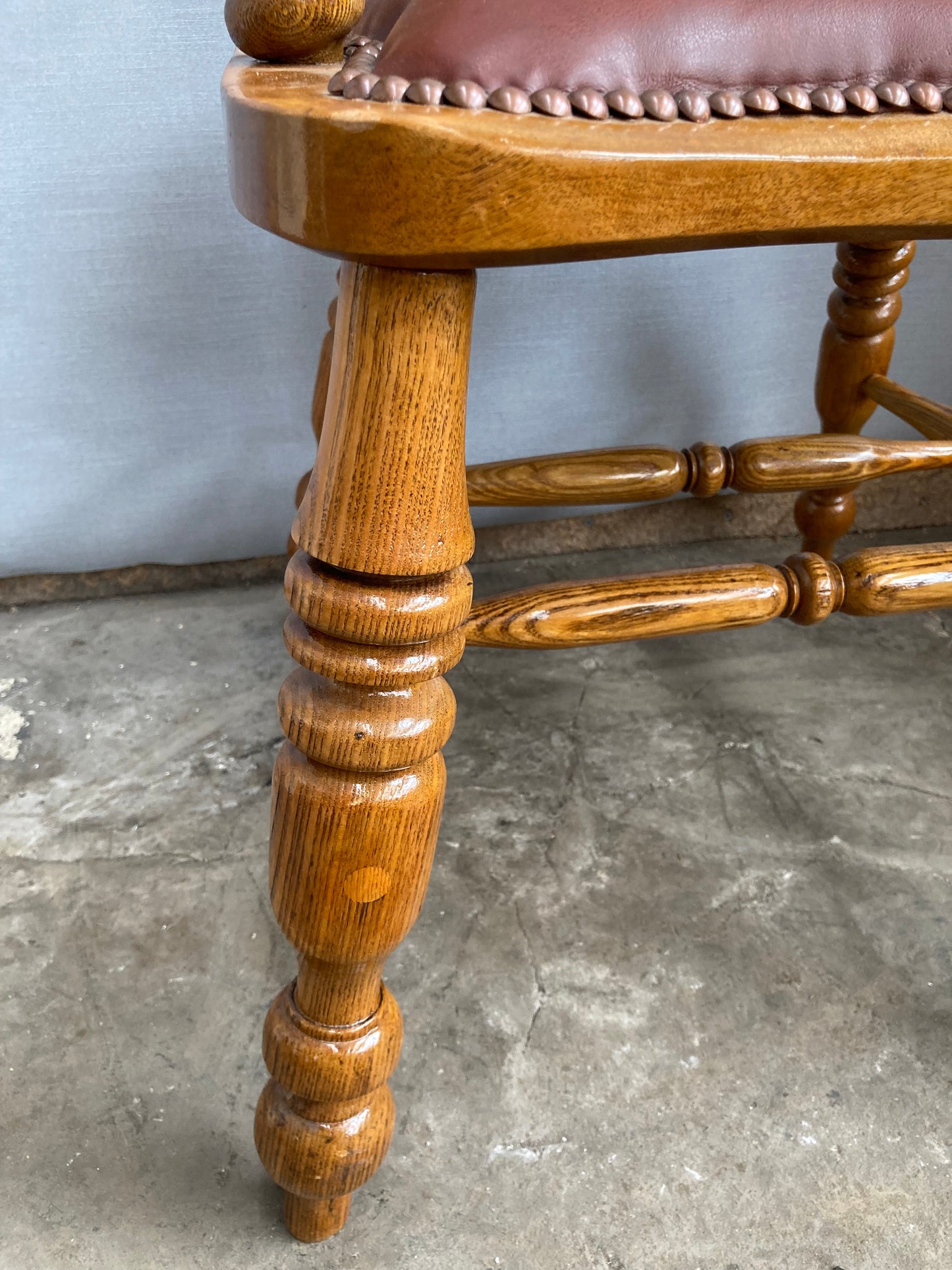 Victorian Oak Captain's Chair with Leather Seat and Brass Stud Detail
