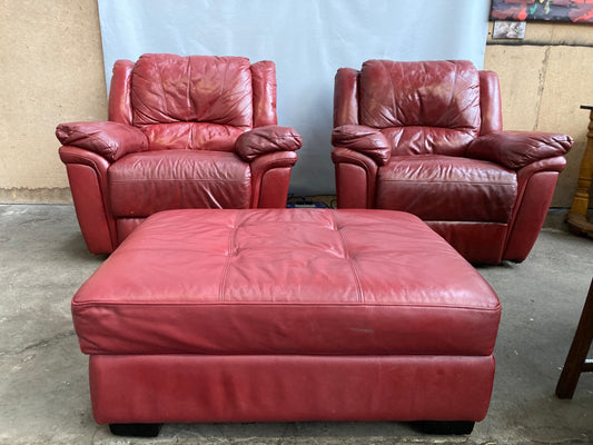 Red leather matching electric recliner armchairs and large matching ottoman footstool