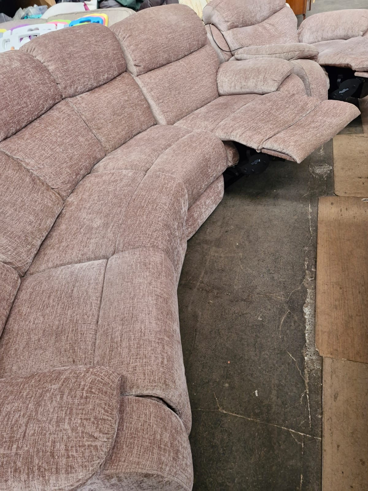 Large Curved Manual Recliner Sofa Suite | Electric Recliner Armchair & Storage Ottoman | Champagne Chenille