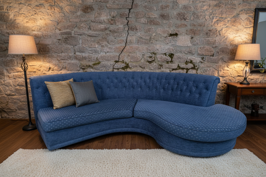 Vintage semi circle curved blue fabric sofa