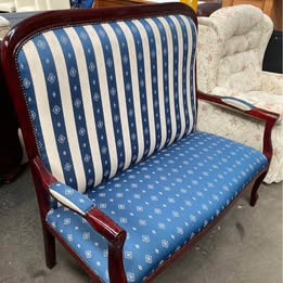 Vintage Mahogany 2-Seater Settee | Blue Stripe & Diamond Upholstery | Cabriole Legs
