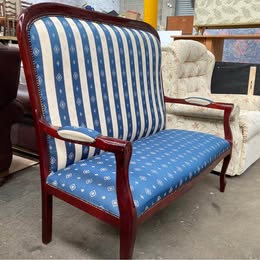 Vintage Mahogany 2-Seater Settee | Blue Stripe & Diamond Upholstery | Cabriole Legs