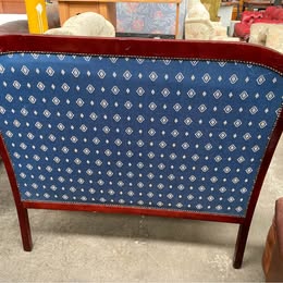 Vintage Mahogany 2-Seater Settee | Blue Stripe & Diamond Upholstery | Cabriole Legs
