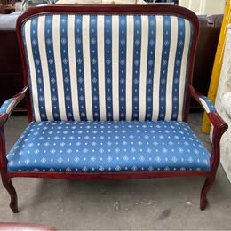 Vintage Mahogany 2-Seater Settee | Blue Stripe & Diamond Upholstery | Cabriole Legs