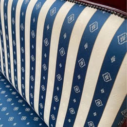 Vintage Mahogany 2-Seater Settee | Blue Stripe & Diamond Upholstery | Cabriole Legs