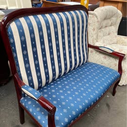 Vintage Mahogany 2-Seater Settee | Blue Stripe & Diamond Upholstery | Cabriole Legs