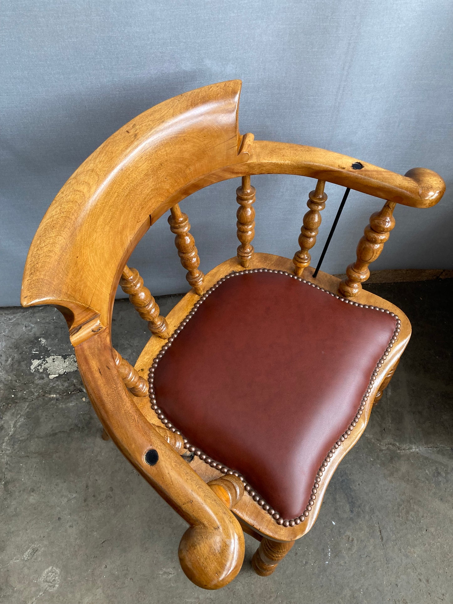 Victorian Oak Captain's Chair with Leather Seat and Brass Stud Detail