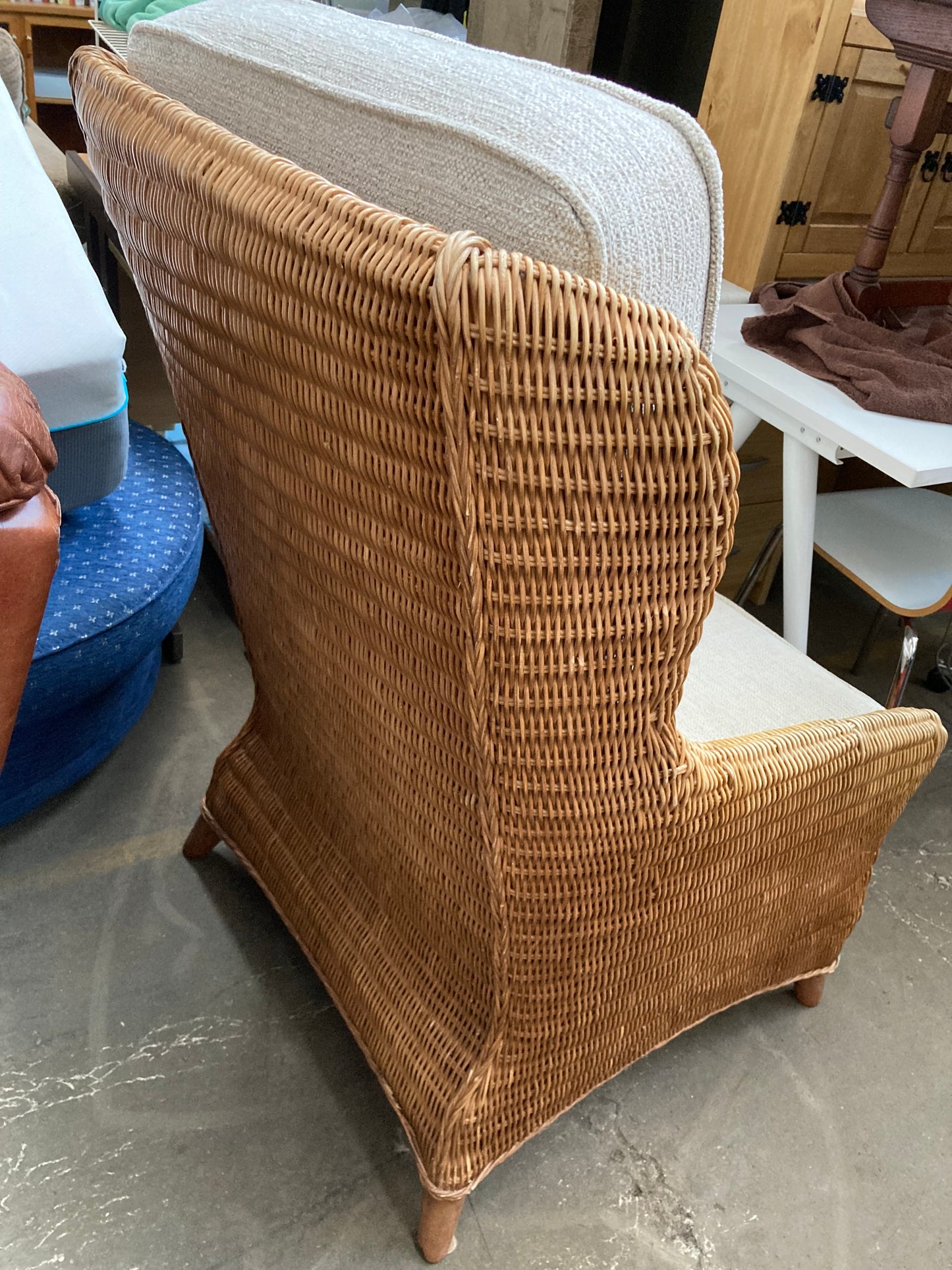 Large High-Back Wicker Armchair with Linen Cushions
