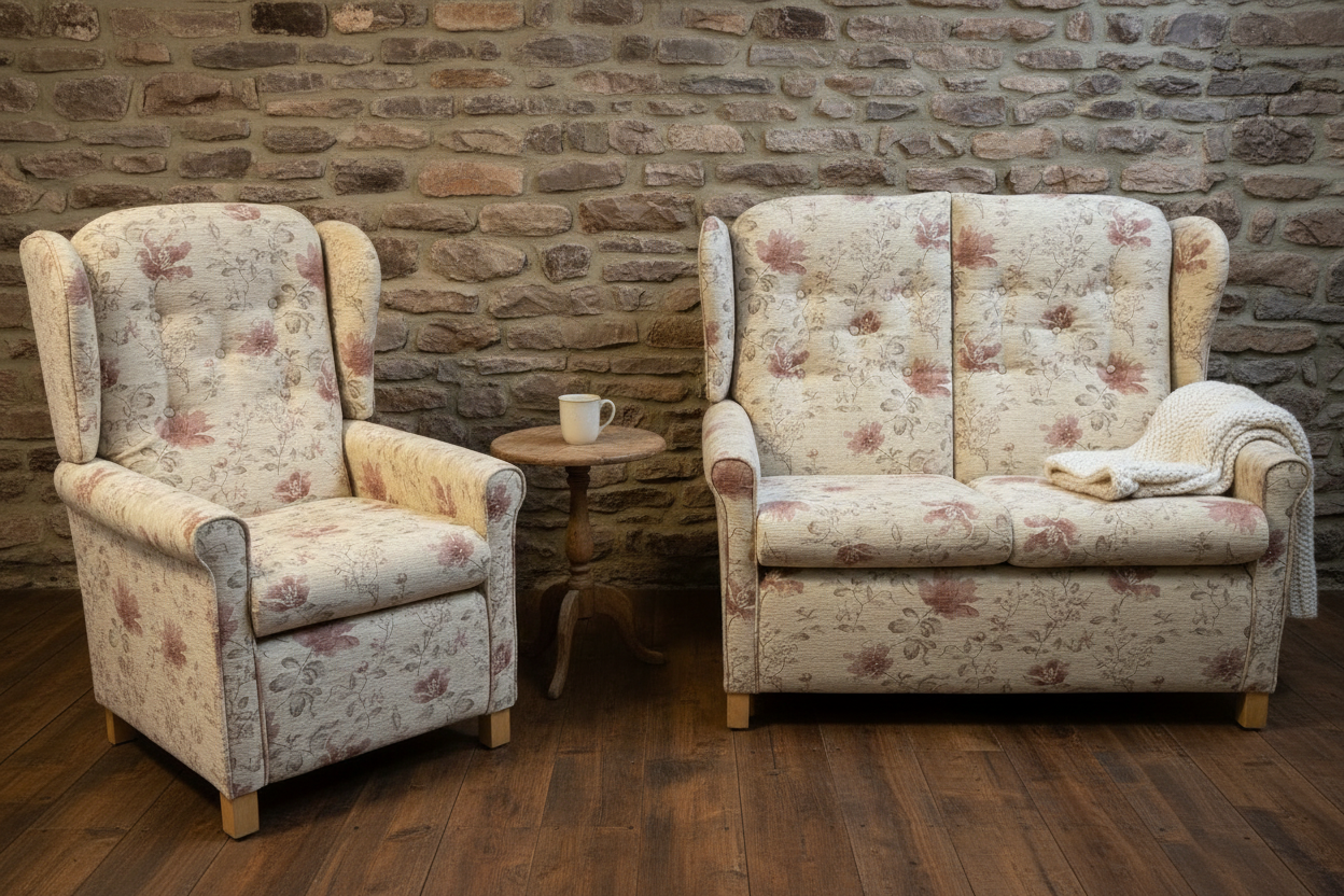 Camden floral wheat pattern wing back sofa & armchair