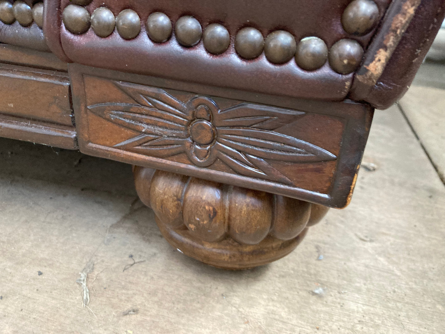 Brown Leather & Fabric Three-Piece Suite | Studded Arms | Carved Feet | 3+2+Footstool