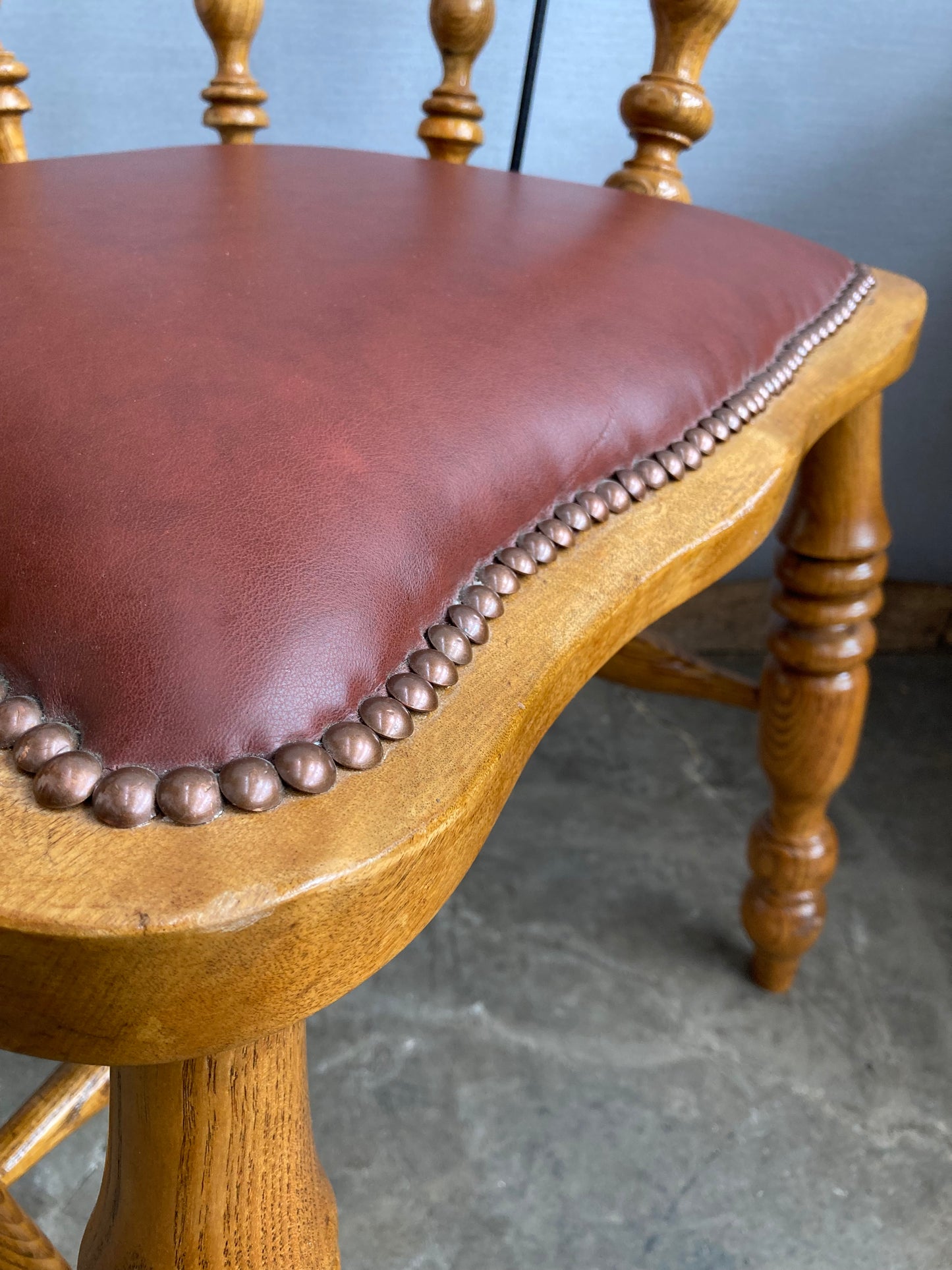 Victorian Oak Captain's Chair with Leather Seat and Brass Stud Detail